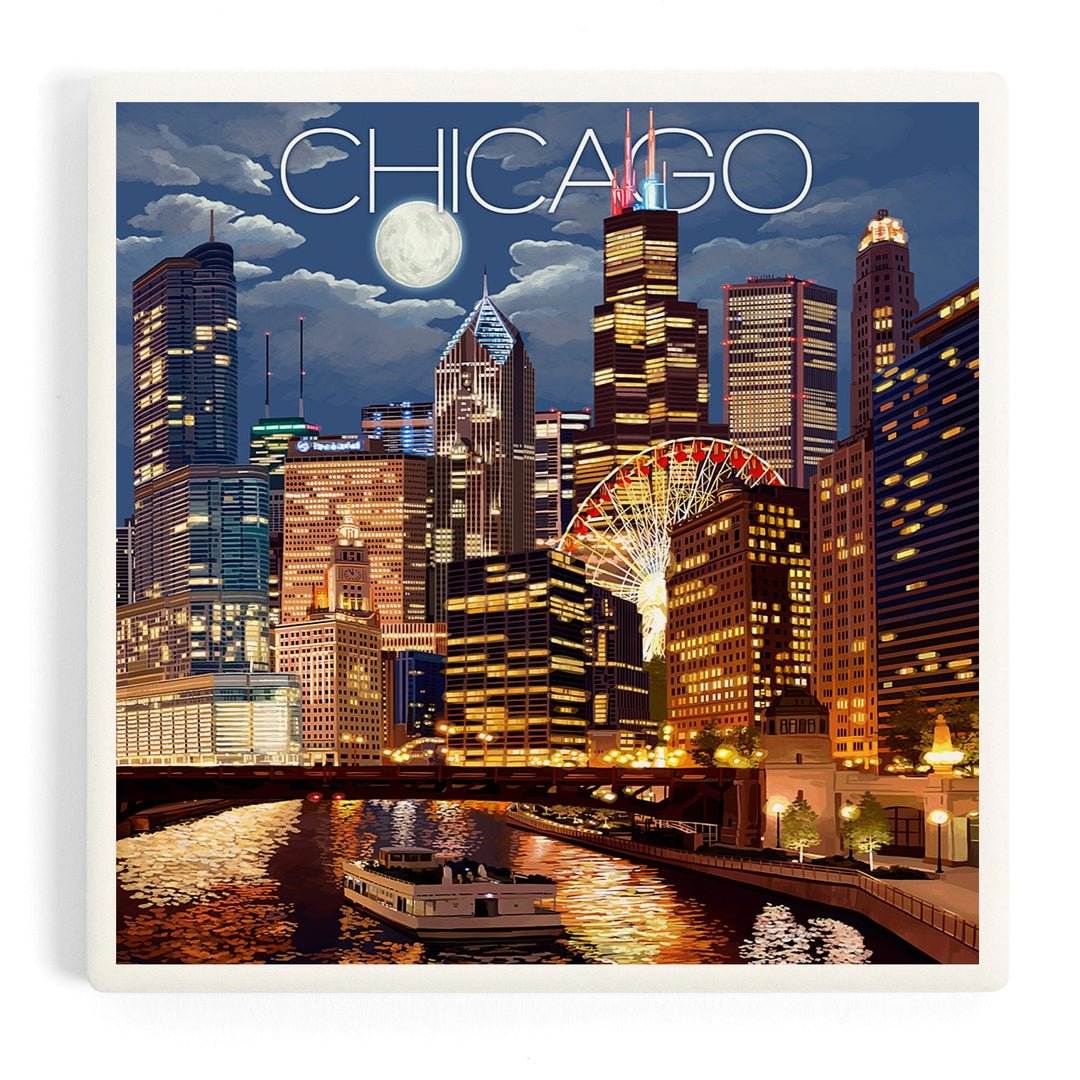 Chicago, Illinois, Skyline at Night, Coasters Coasters Lantern Press Coaster