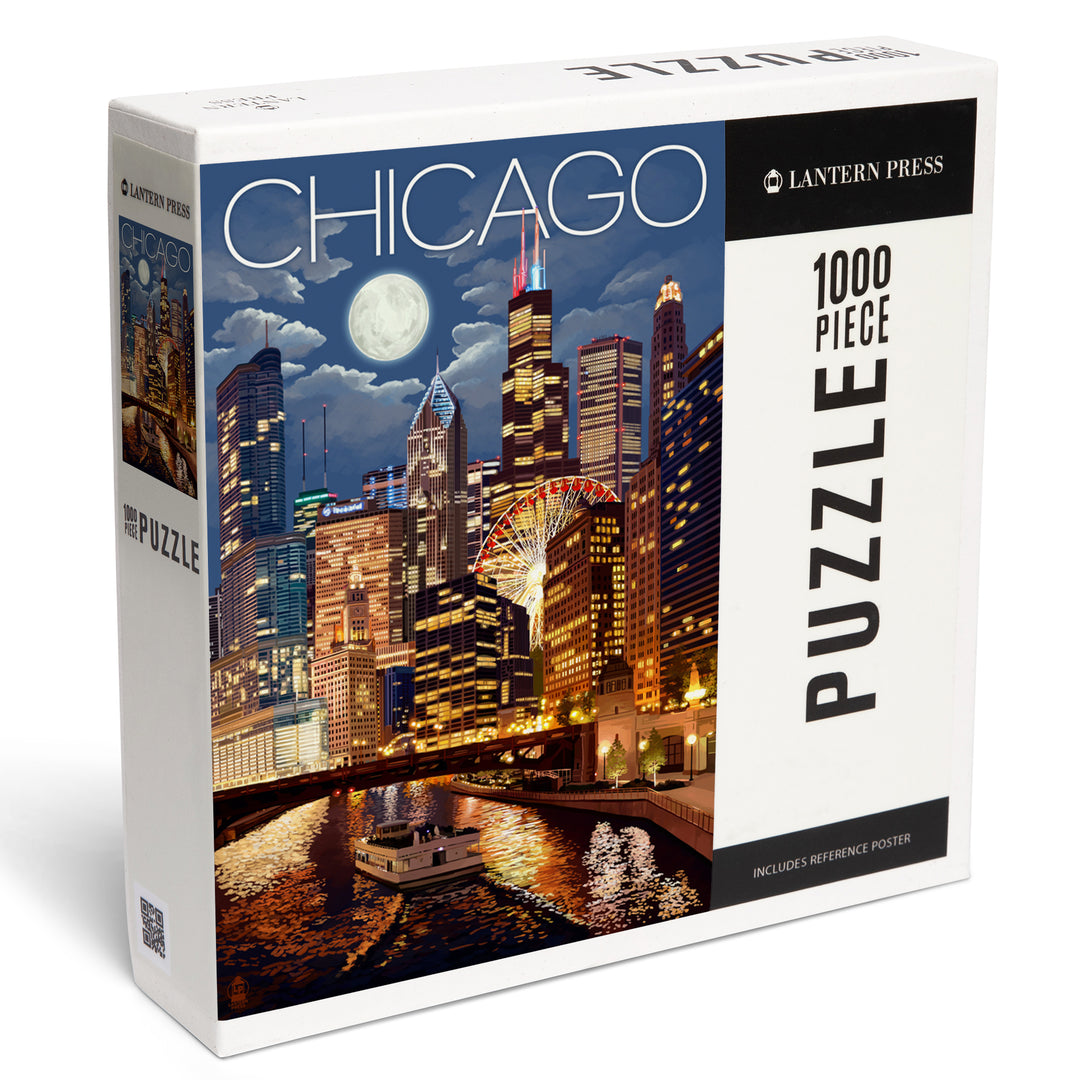 Chicago, Illinois, Skyline at Night, Jigsaw Puzzle Puzzle Lantern Press