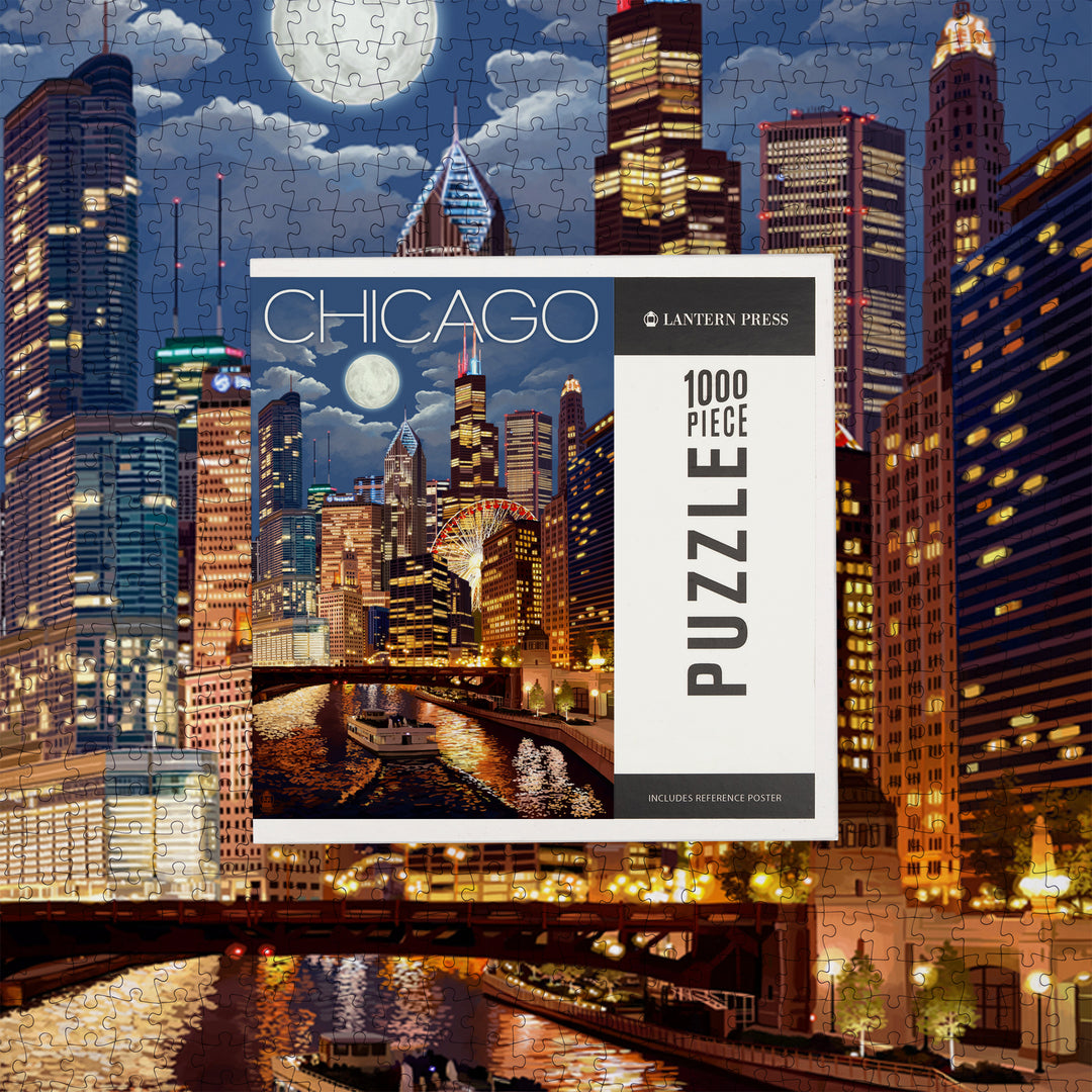Chicago, Illinois, Skyline at Night, Jigsaw Puzzle Puzzle Lantern Press