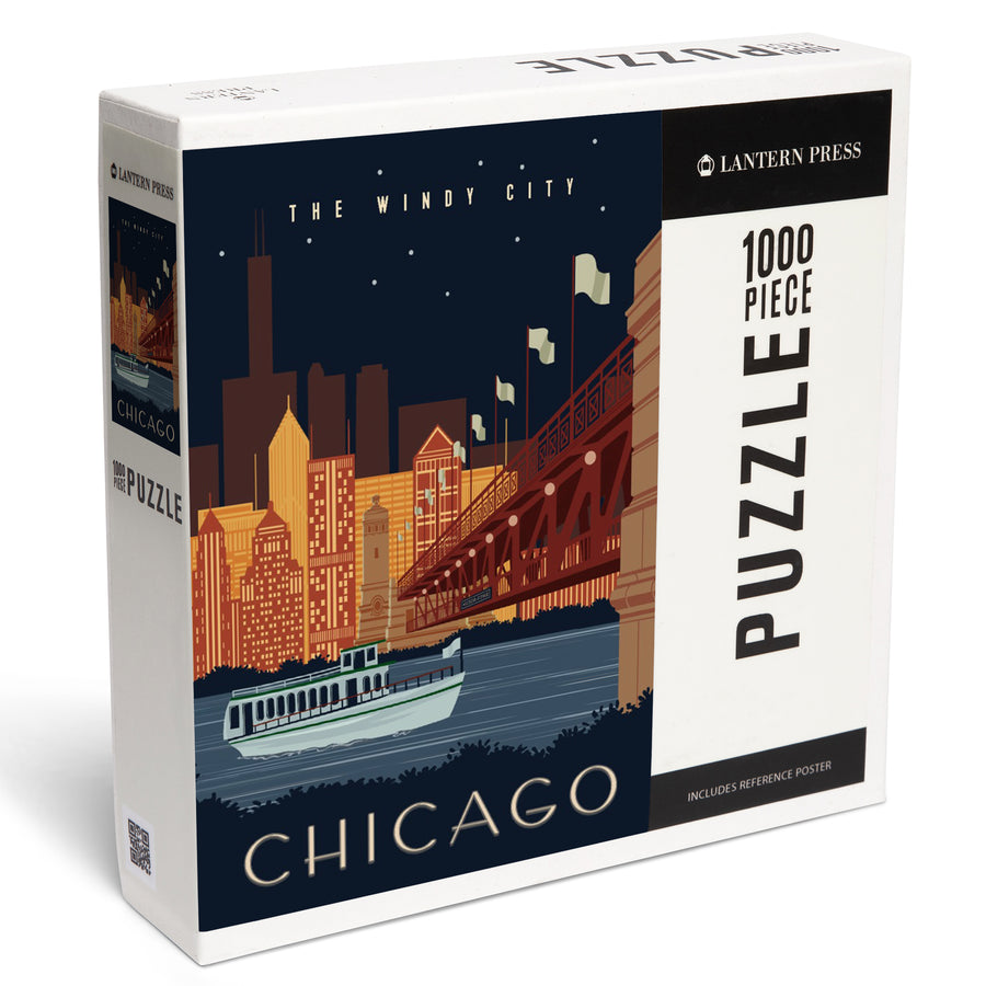 Chicago, Illinois, Vector, Ferry and Skyline Across Water, Jigsaw Puzzle Puzzle Lantern Press