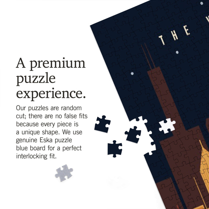 Chicago, Illinois, Vector, Ferry and Skyline Across Water, Jigsaw Puzzle Puzzle Lantern Press