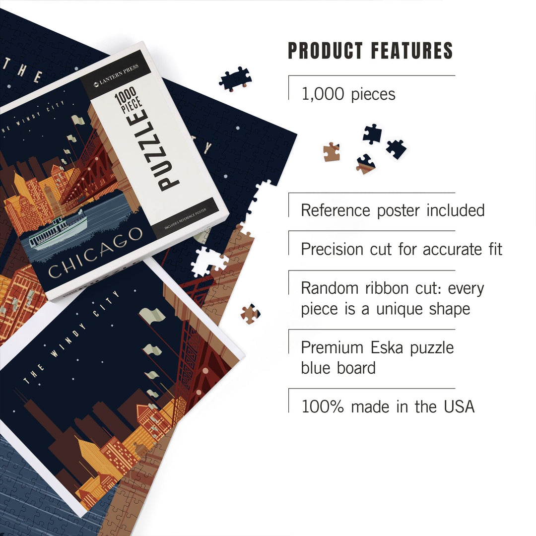 Chicago, Illinois, Vector, Ferry and Skyline Across Water, Jigsaw Puzzle Puzzle Lantern Press