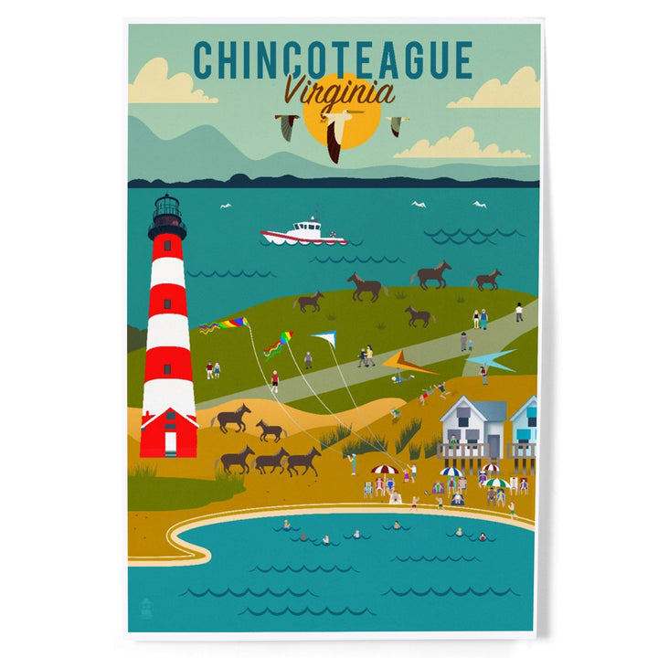Chinconteague, Virginia, Beach, Ocean, and Lighthouse, Geometric, Art & Giclee Prints - Lantern Press