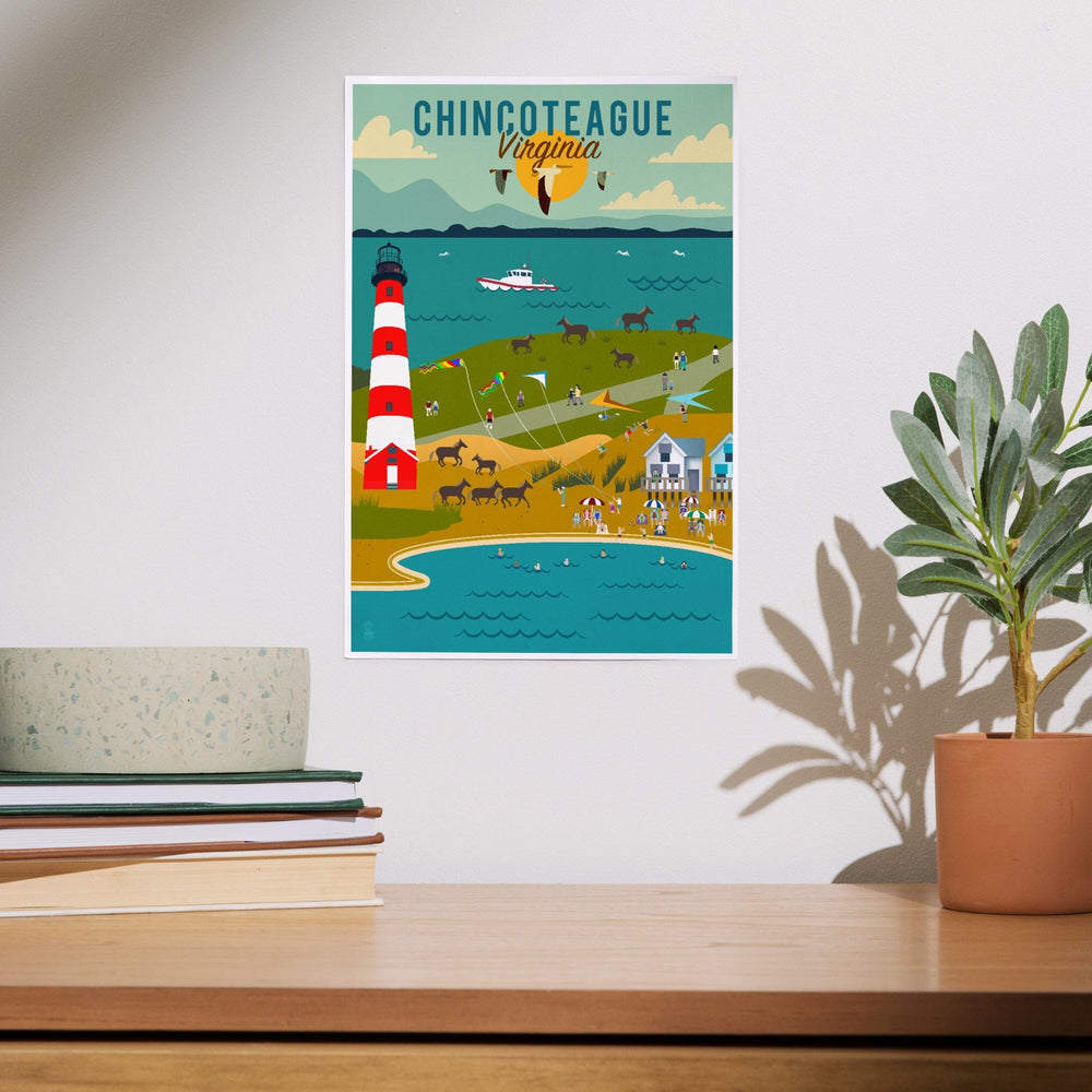 Chinconteague, Virginia, Beach, Ocean, and Lighthouse, Geometric, Art & Giclee Prints - Lantern Press