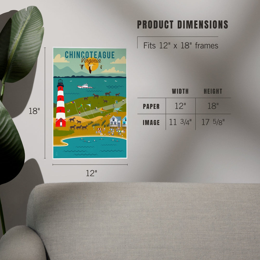 Chinconteague, Virginia, Beach, Ocean, and Lighthouse, Geometric, Art & Giclee Prints - Lantern Press