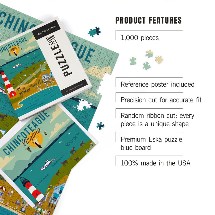 Chinconteague, Virginia, Beach, Ocean, and Lighthouse, Geometric, Jigsaw Puzzle Puzzle Lantern Press