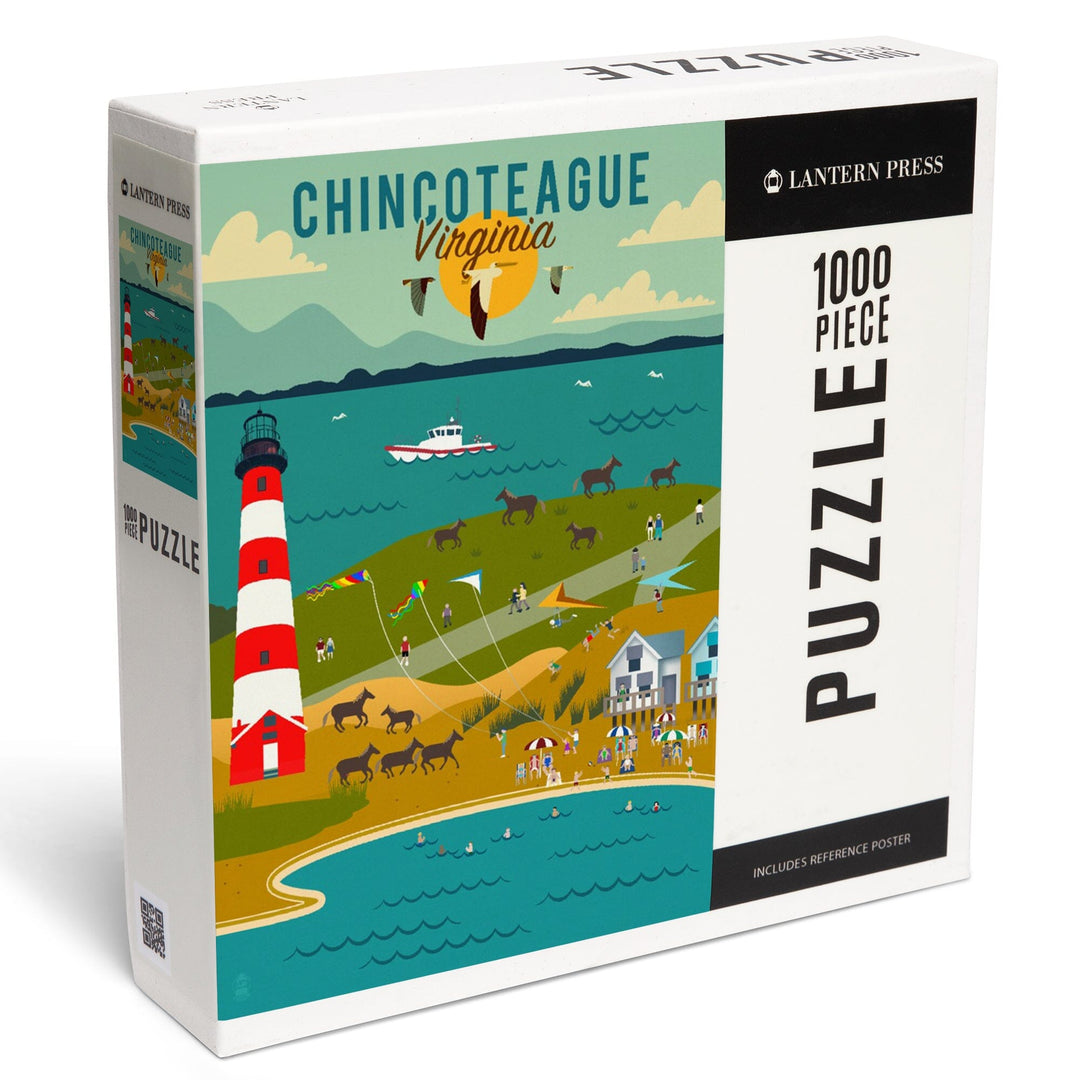 Chinconteague, Virginia, Beach, Ocean, and Lighthouse, Geometric, Jigsaw Puzzle Puzzle Lantern Press
