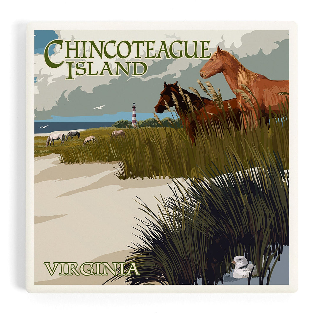 Chincoteague Island, Virginia, Horses and Dunes, Coasters Coasters Lantern Press