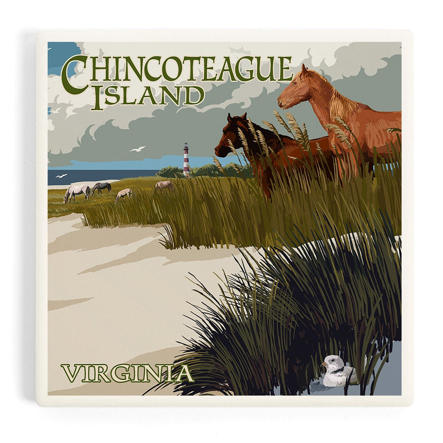 Chincoteague Island, Virginia, Horses and Dunes, Coasters Coasters Lantern Press