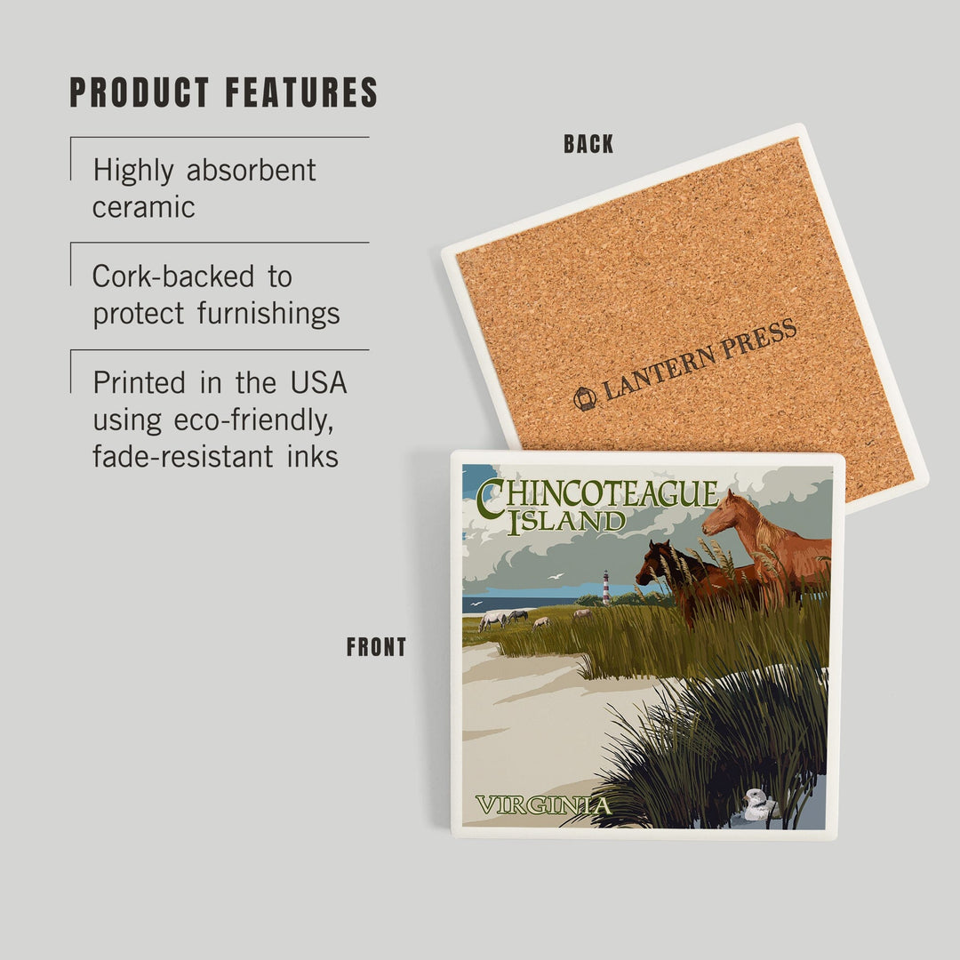 Chincoteague Island, Virginia, Horses and Dunes, Coasters Coasters Lantern Press