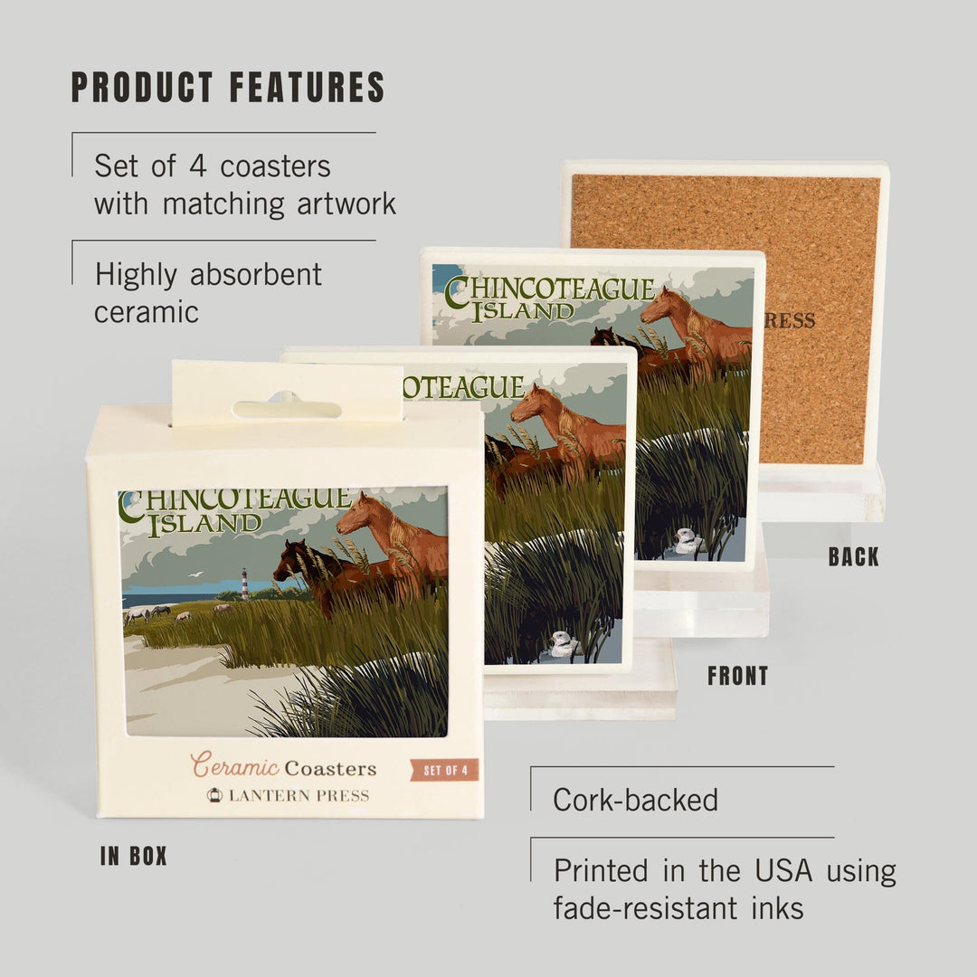 Chincoteague Island, Virginia, Horses and Dunes, Coasters Coasters Lantern Press