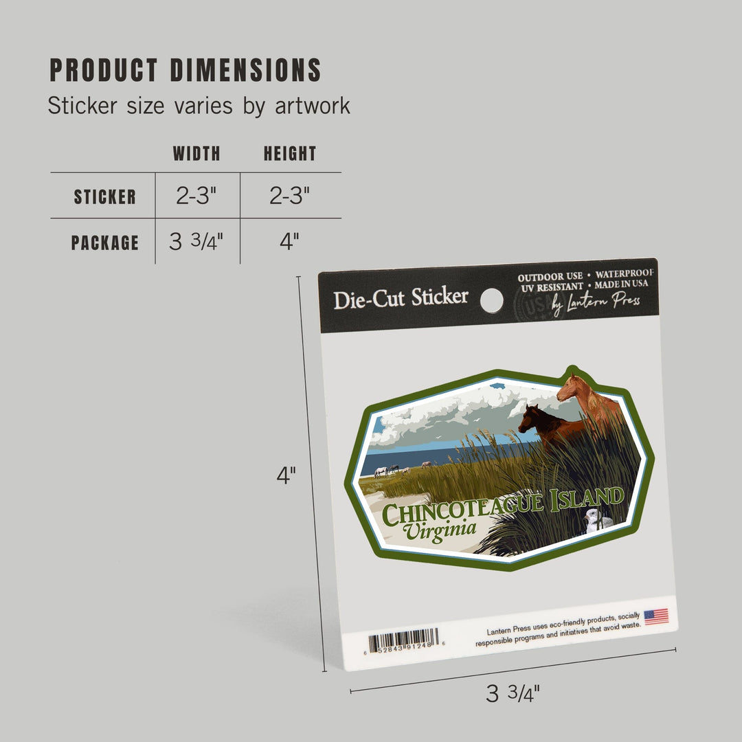 Chincoteague Island, Virginia, Horses and Dunes (Horizontal), Contour, Vinyl Sticker - Lantern Press