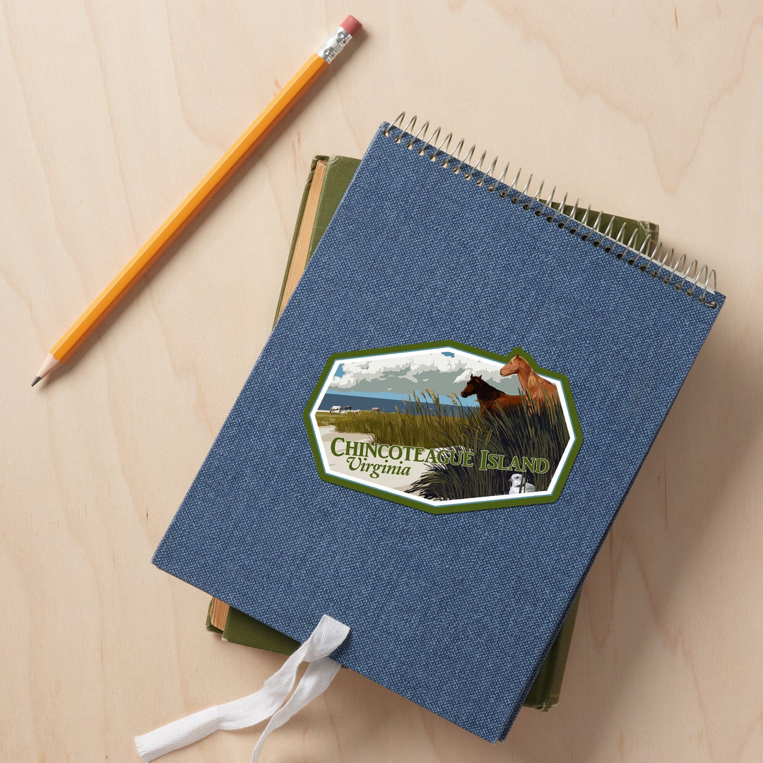 Chincoteague Island, Virginia, Horses and Dunes (Horizontal), Contour, Vinyl Sticker - Lantern Press