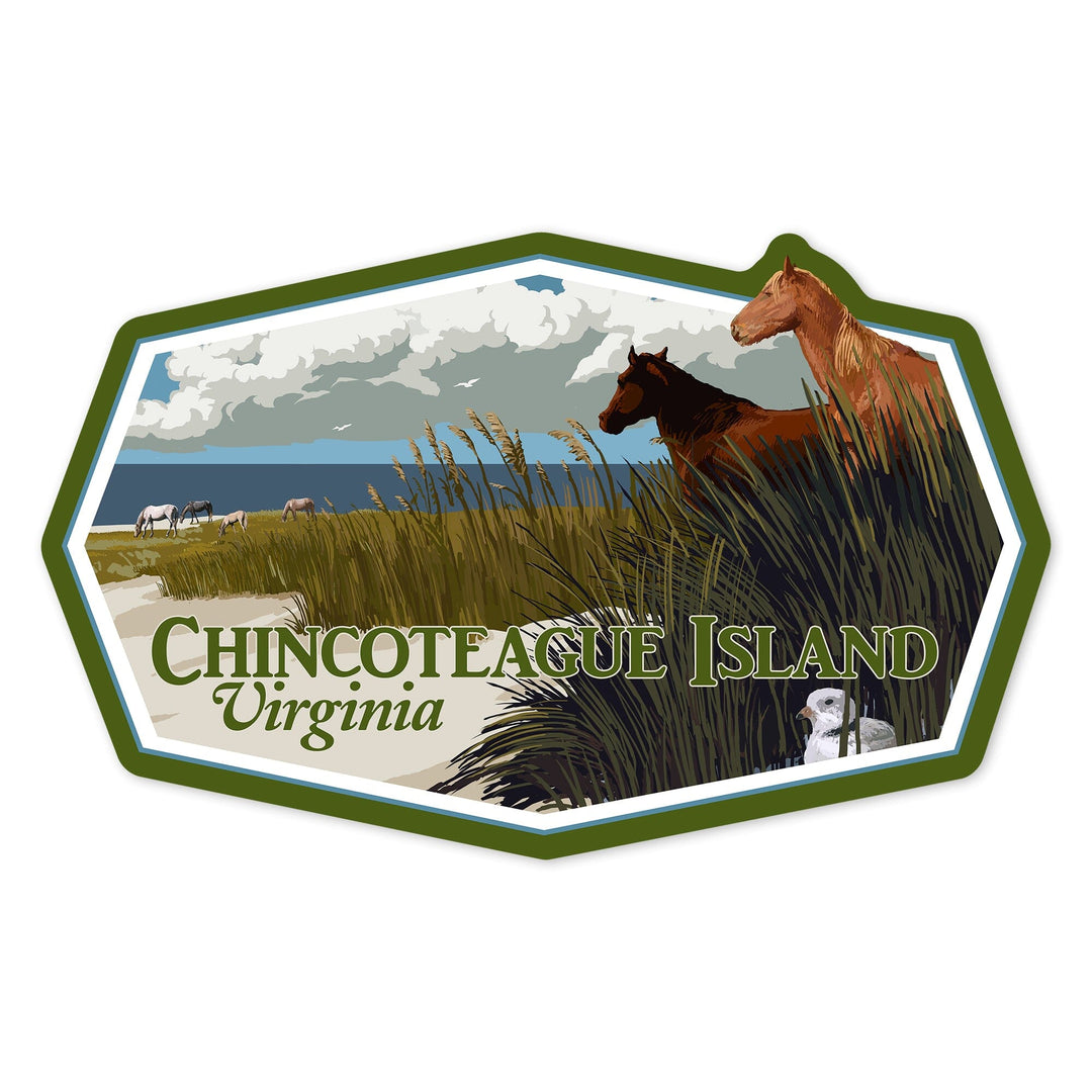 Chincoteague Island, Virginia, Horses and Dunes (Horizontal), Contour, Vinyl Sticker - Lantern Press