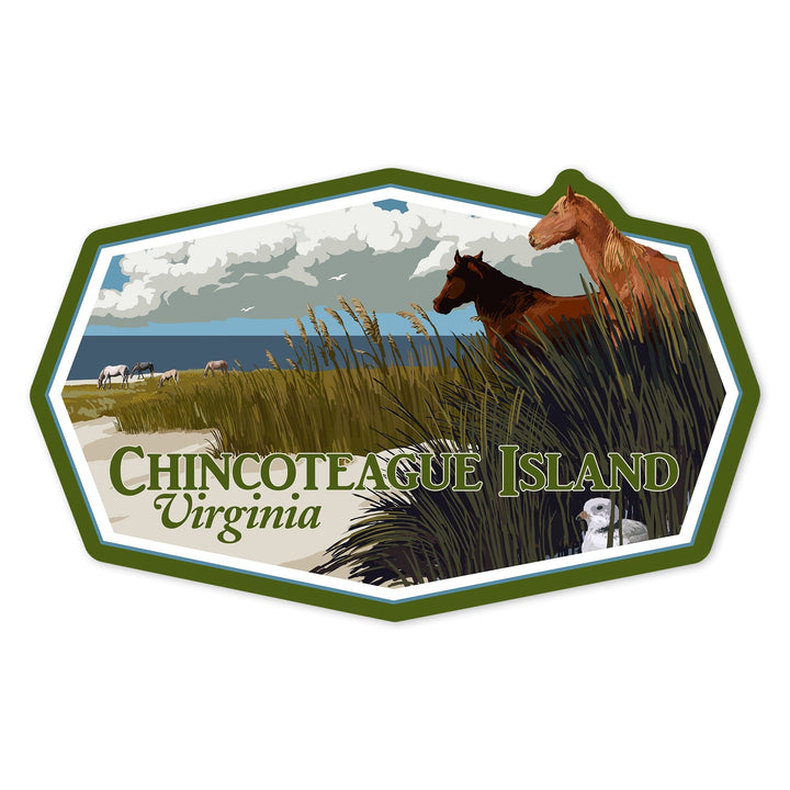 Chincoteague Island, Virginia, Horses and Dunes (Horizontal), Contour, Vinyl Sticker - Lantern Press