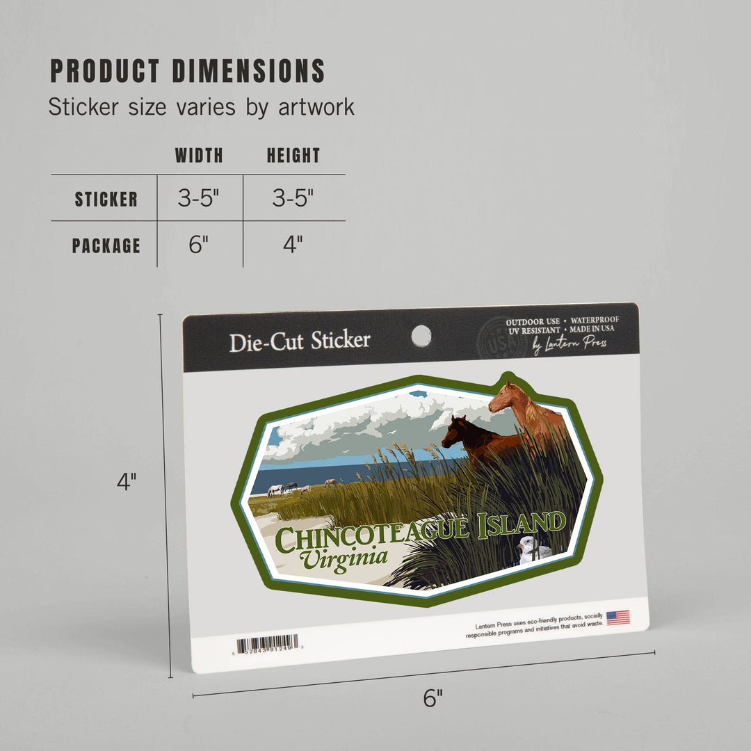 Chincoteague Island, Virginia, Horses and Dunes (Horizontal), Contour, Vinyl Sticker - Lantern Press