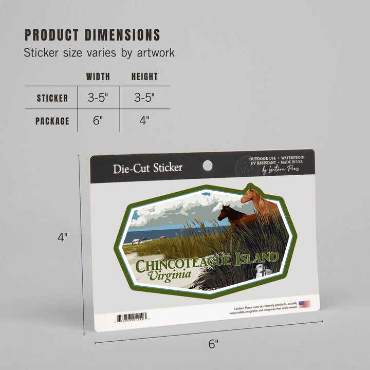 Chincoteague Island, Virginia, Horses and Dunes (Horizontal), Contour, Vinyl Sticker - Lantern Press