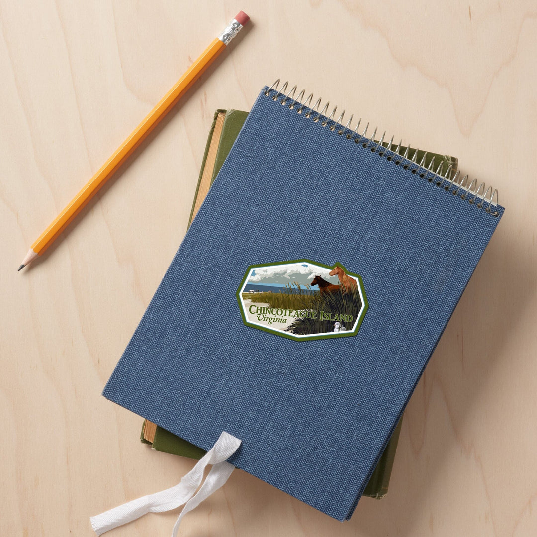 Chincoteague Island, Virginia, Horses and Dunes (Horizontal), Contour, Vinyl Sticker - Lantern Press