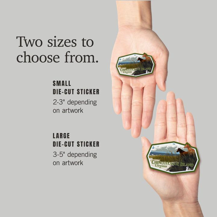 Chincoteague Island, Virginia, Horses and Dunes (Horizontal), Contour, Vinyl Sticker - Lantern Press