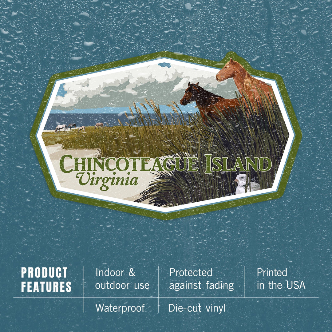 Chincoteague Island, Virginia, Horses and Dunes (Horizontal), Contour, Vinyl Sticker - Lantern Press
