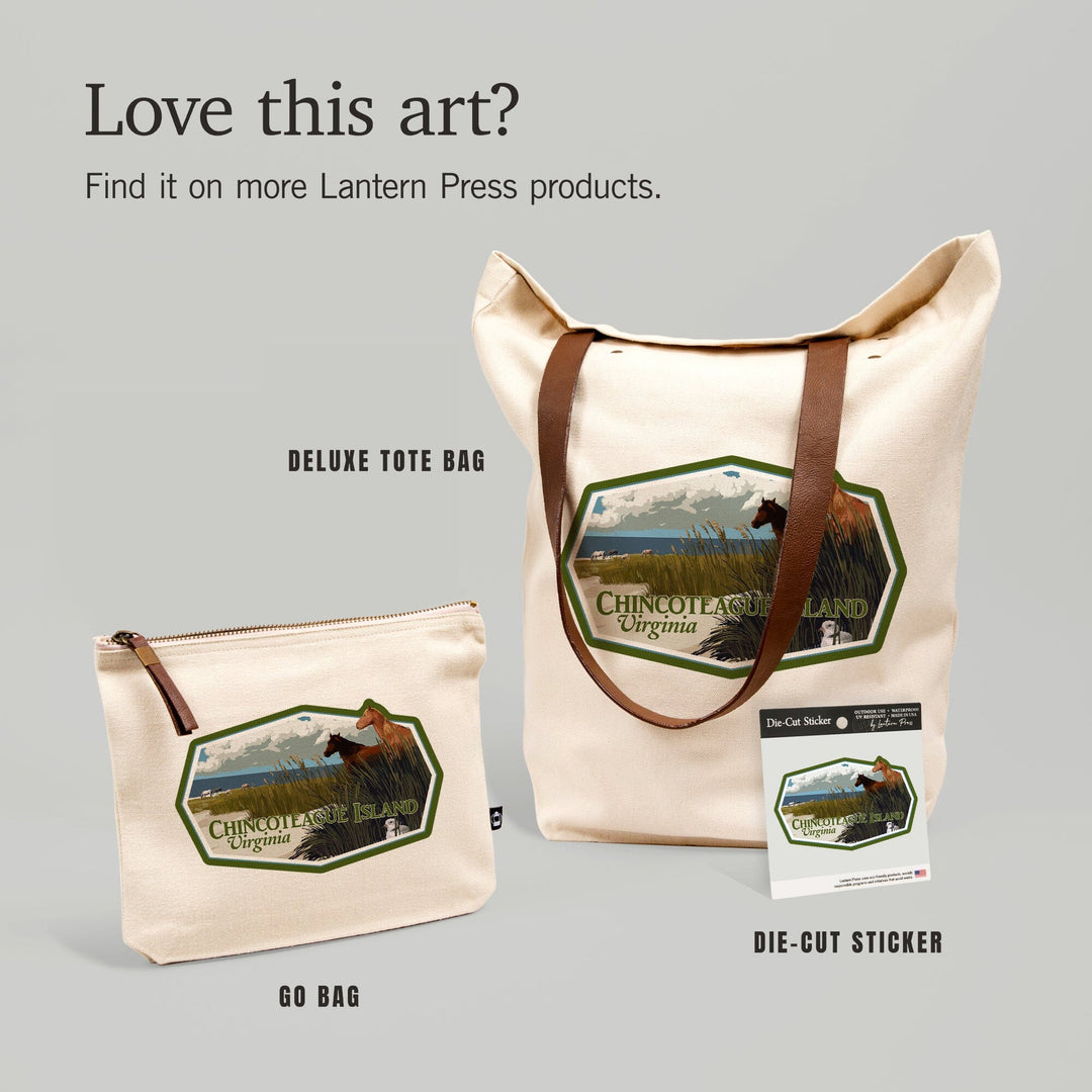 Chincoteague Island, Virginia, Horses and Dunes (Horizontal), Contour, Vinyl Sticker - Lantern Press