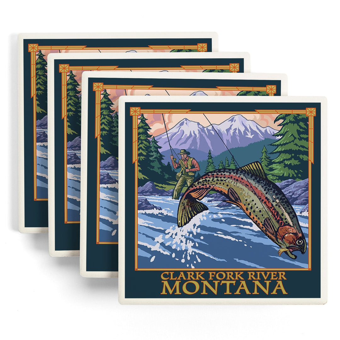 Clark Fork River, Montana, Angler Fly Fishing Scene (Leaping Trout), Coasters Coasters Lantern Press