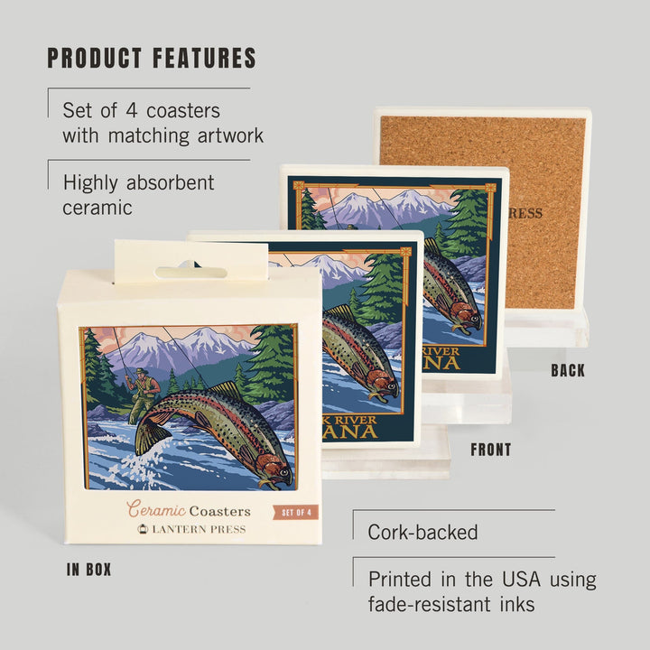 Clark Fork River, Montana, Angler Fly Fishing Scene (Leaping Trout), Coasters Coasters Lantern Press
