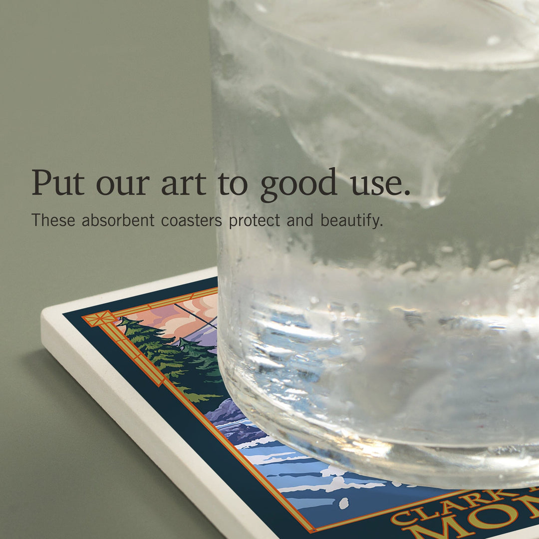 Clark Fork River, Montana, Angler Fly Fishing Scene (Leaping Trout), Coasters Coasters Lantern Press