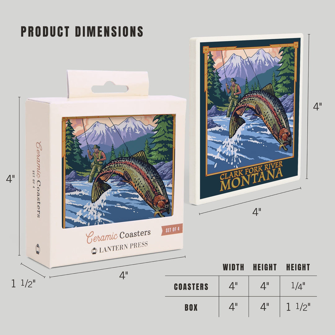 Clark Fork River, Montana, Angler Fly Fishing Scene (Leaping Trout), Coasters Coasters Lantern Press