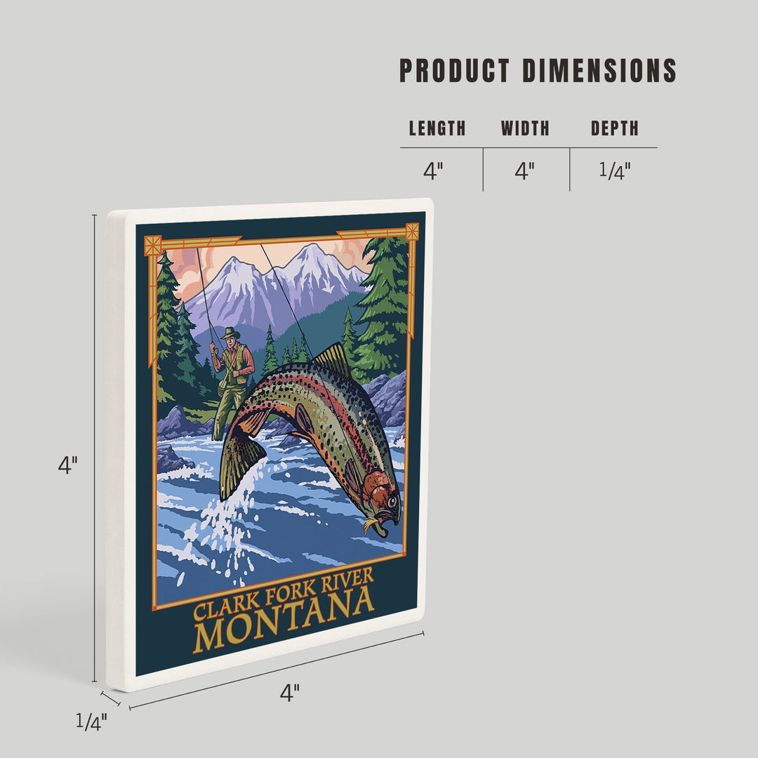 Clark Fork River, Montana, Angler Fly Fishing Scene (Leaping Trout), Coasters Coasters Lantern Press