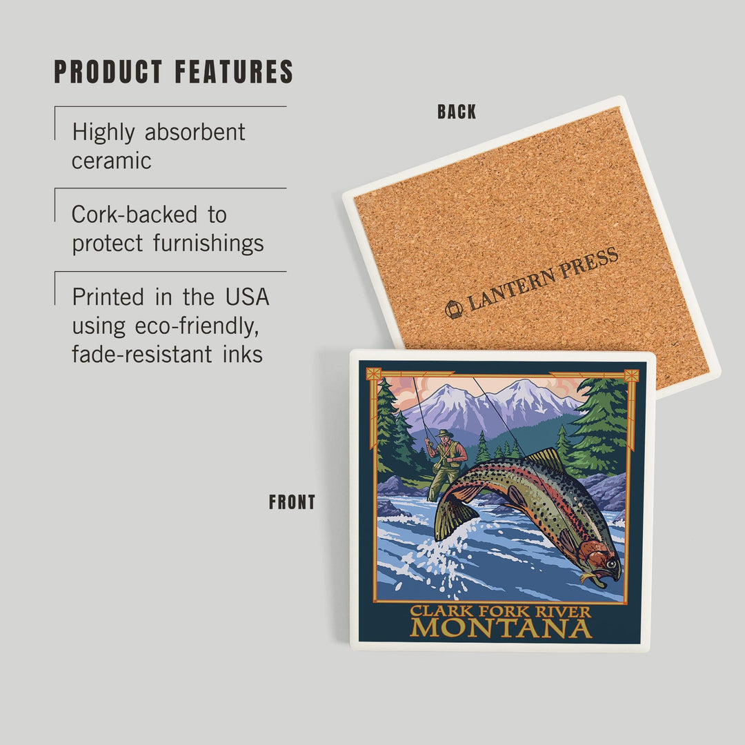 Clark Fork River, Montana, Angler Fly Fishing Scene (Leaping Trout), Coasters Coasters Lantern Press