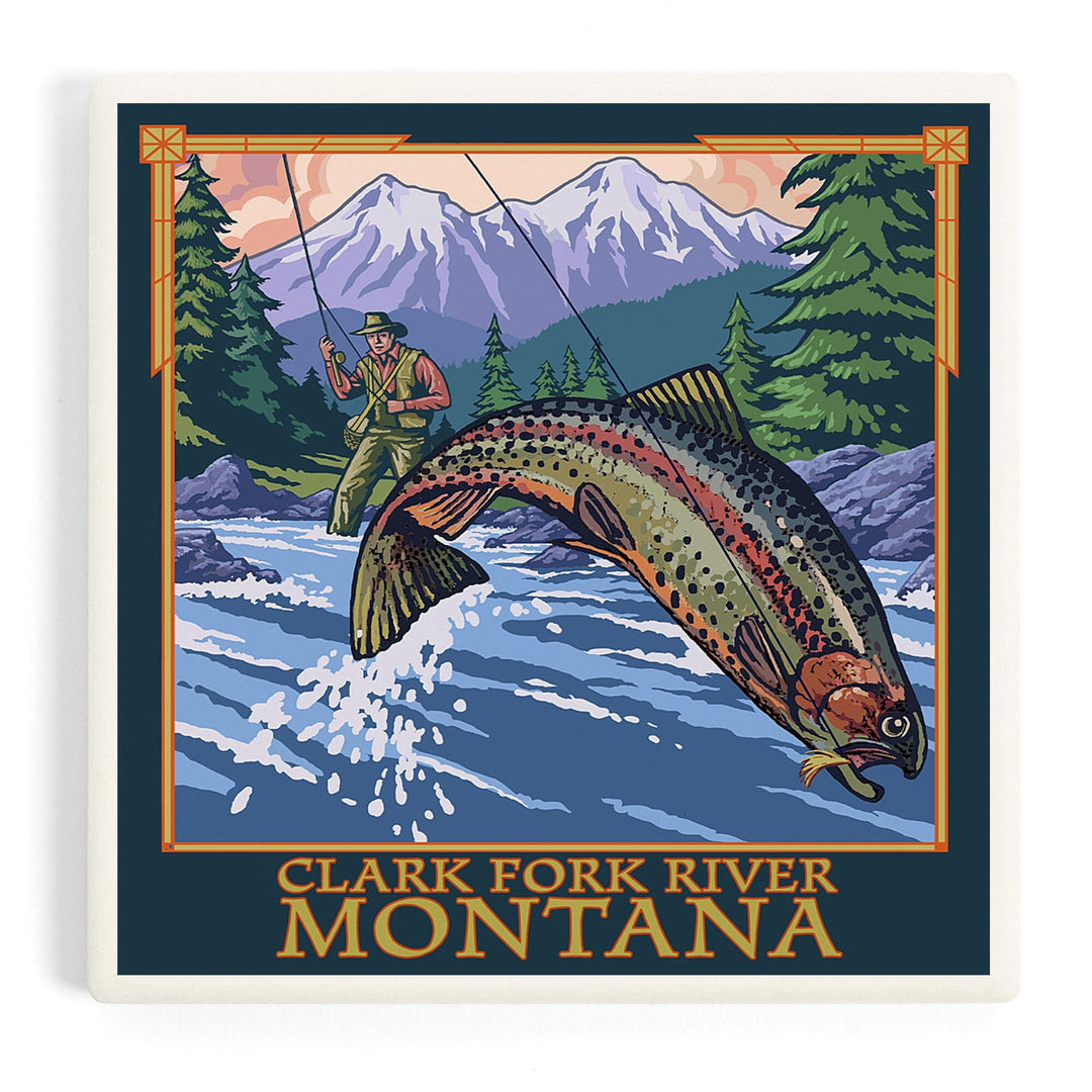 Clark Fork River, Montana, Angler Fly Fishing Scene (Leaping Trout), Coasters Coasters Lantern Press Coaster