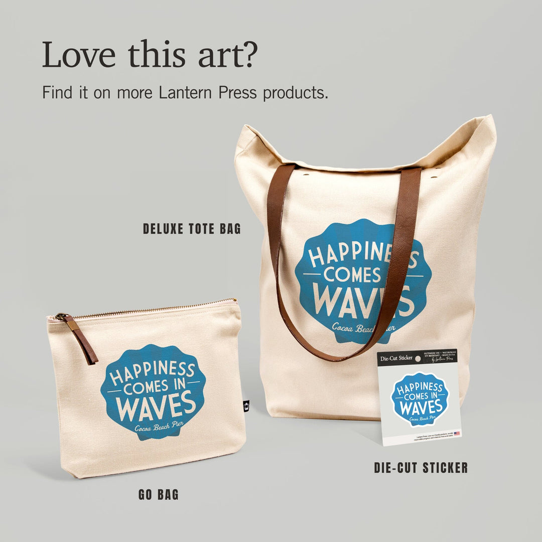 Cocoa Beach Pier, Florida, Happiness Comes in Waves, Simply Said, Contour, Vinyl Sticker Sticker Lantern Press