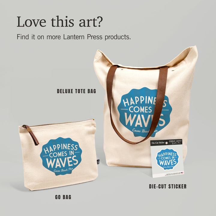 Cocoa Beach Pier, Florida, Happiness Comes in Waves, Simply Said, Contour, Vinyl Sticker Sticker Lantern Press