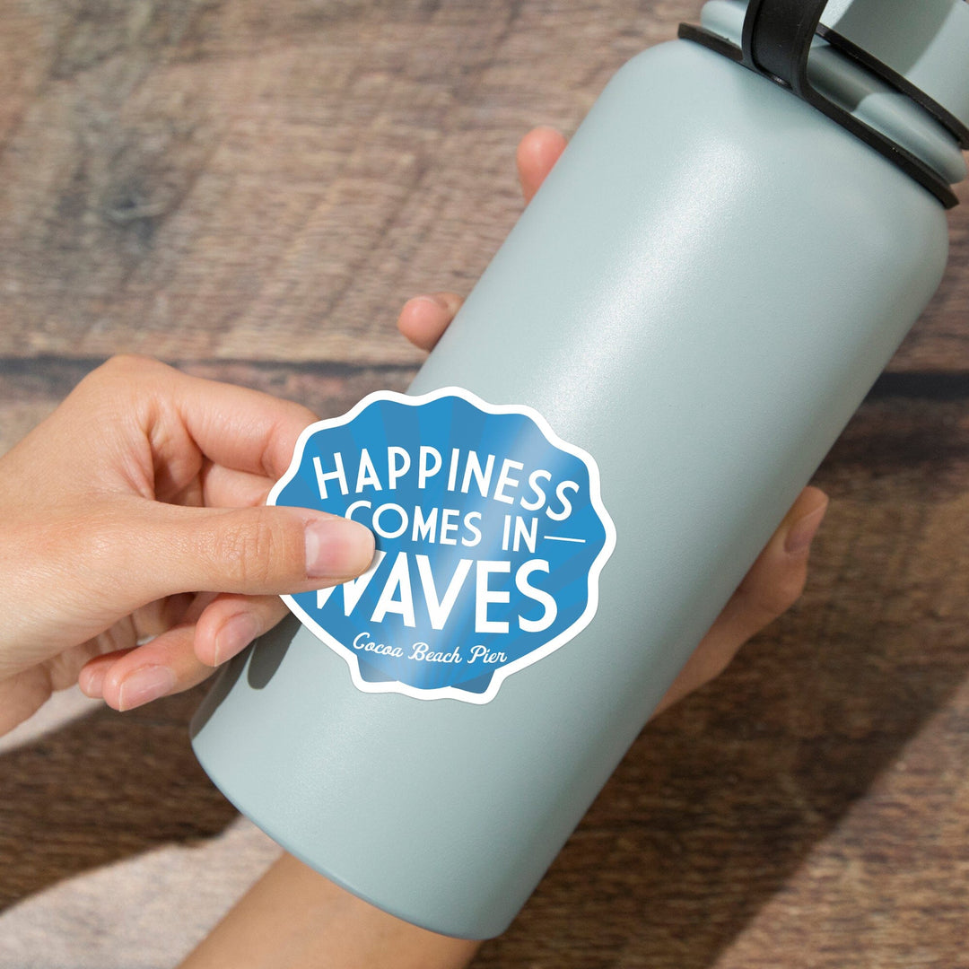 Cocoa Beach Pier, Florida, Happiness Comes in Waves, Simply Said, Contour, Vinyl Sticker Sticker Lantern Press