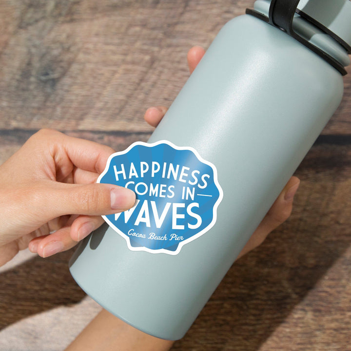 Cocoa Beach Pier, Florida, Happiness Comes in Waves, Simply Said, Contour, Vinyl Sticker Sticker Lantern Press