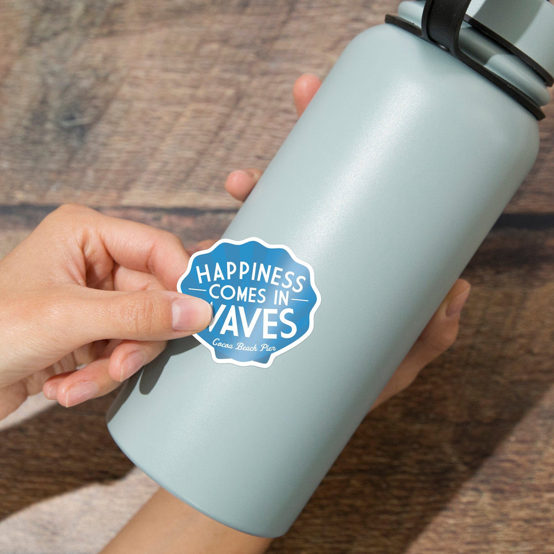 Cocoa Beach Pier, Florida, Happiness Comes in Waves, Simply Said, Contour, Vinyl Sticker Sticker Lantern Press
