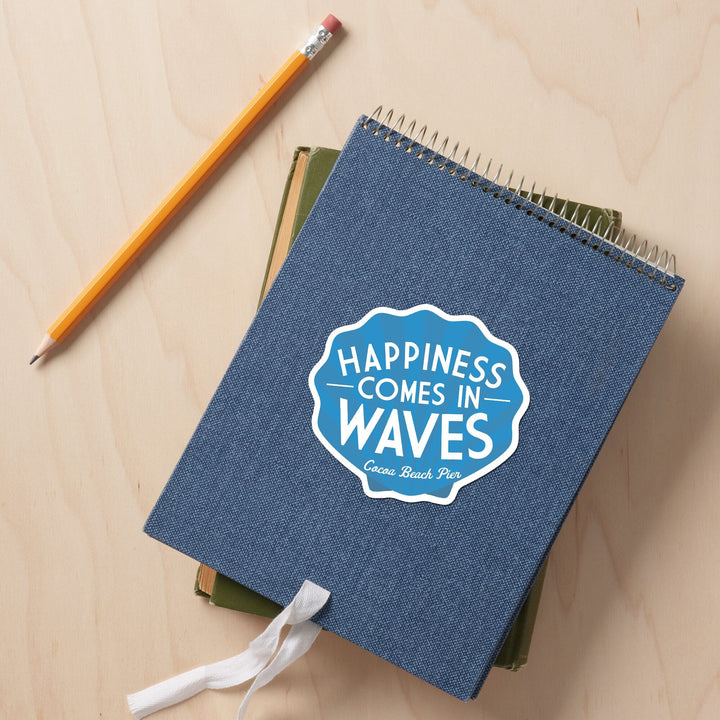 Cocoa Beach Pier, Florida, Happiness Comes in Waves, Simply Said, Contour, Vinyl Sticker Sticker Lantern Press