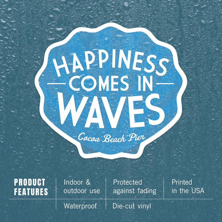 Cocoa Beach Pier, Florida, Happiness Comes in Waves, Simply Said, Contour, Vinyl Sticker Sticker Lantern Press