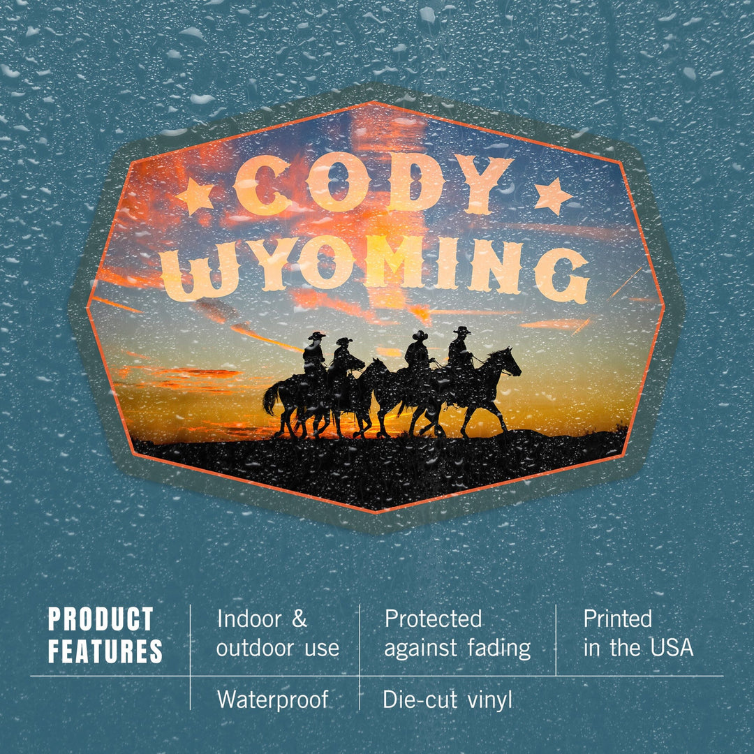Cody, Wyoming, Cowboys at Sunset, Contour, Lantern Press Photography, Vinyl Sticker - Lantern Press