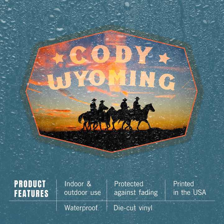 Cody, Wyoming, Cowboys at Sunset, Contour, Lantern Press Photography, Vinyl Sticker - Lantern Press