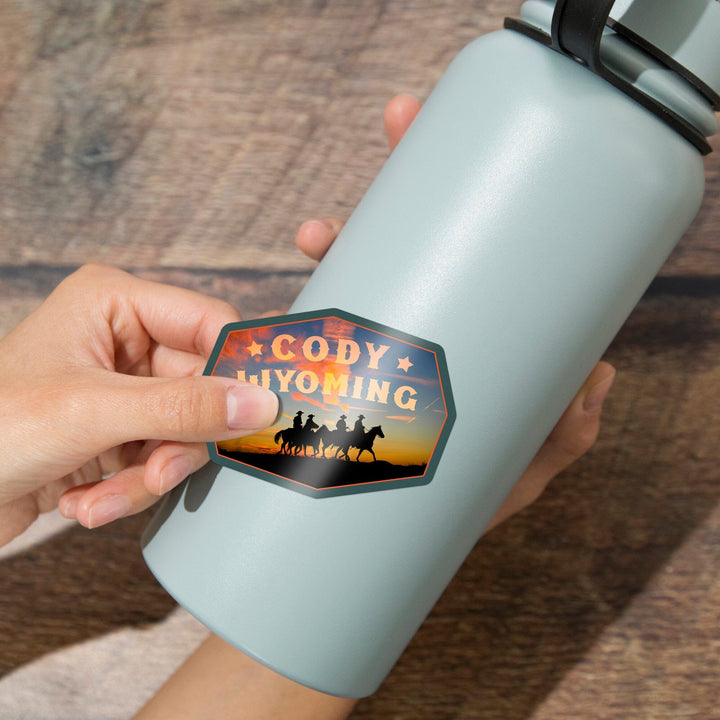 Cody, Wyoming, Cowboys at Sunset, Contour, Lantern Press Photography, Vinyl Sticker - Lantern Press