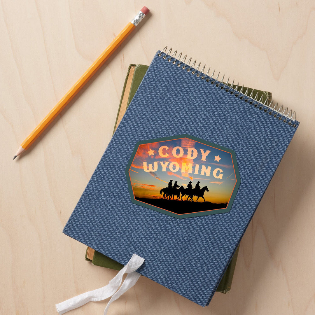 Cody, Wyoming, Cowboys at Sunset, Contour, Lantern Press Photography, Vinyl Sticker - Lantern Press