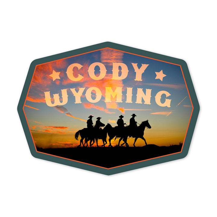 Cody, Wyoming, Cowboys at Sunset, Contour, Lantern Press Photography, Vinyl Sticker - Lantern Press