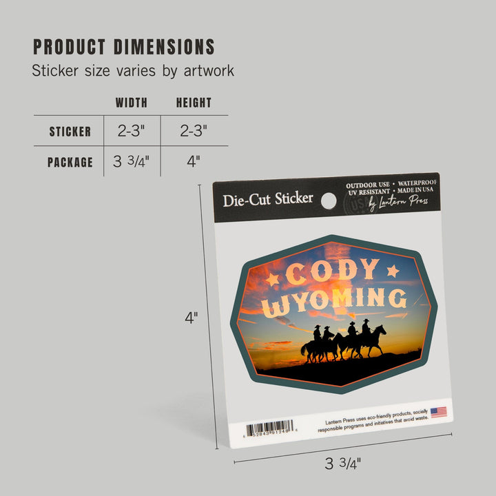 Cody, Wyoming, Cowboys at Sunset, Contour, Lantern Press Photography, Vinyl Sticker - Lantern Press
