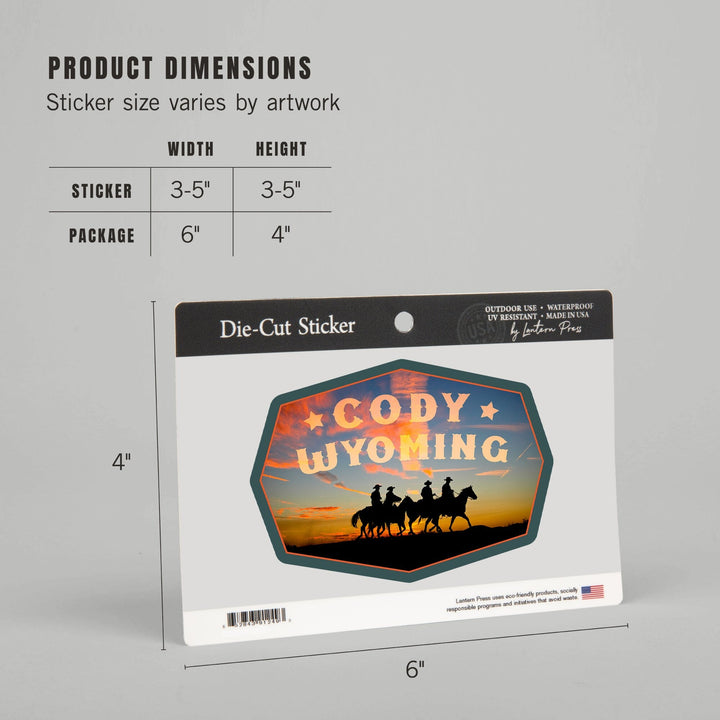 Cody, Wyoming, Cowboys at Sunset, Contour, Lantern Press Photography, Vinyl Sticker - Lantern Press