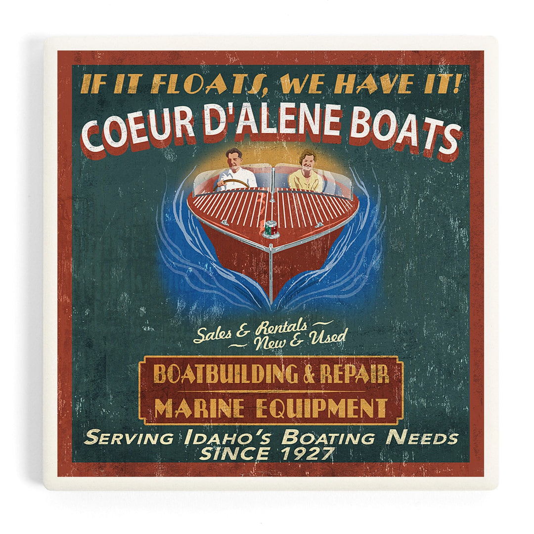 Coeur d'Alene, Idaho, Wooden Boats Vintage Sign, Coasters Coasters Lantern Press