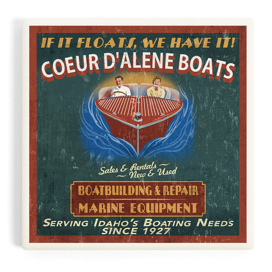 Coeur d'Alene, Idaho, Wooden Boats Vintage Sign, Coasters Coasters Lantern Press
