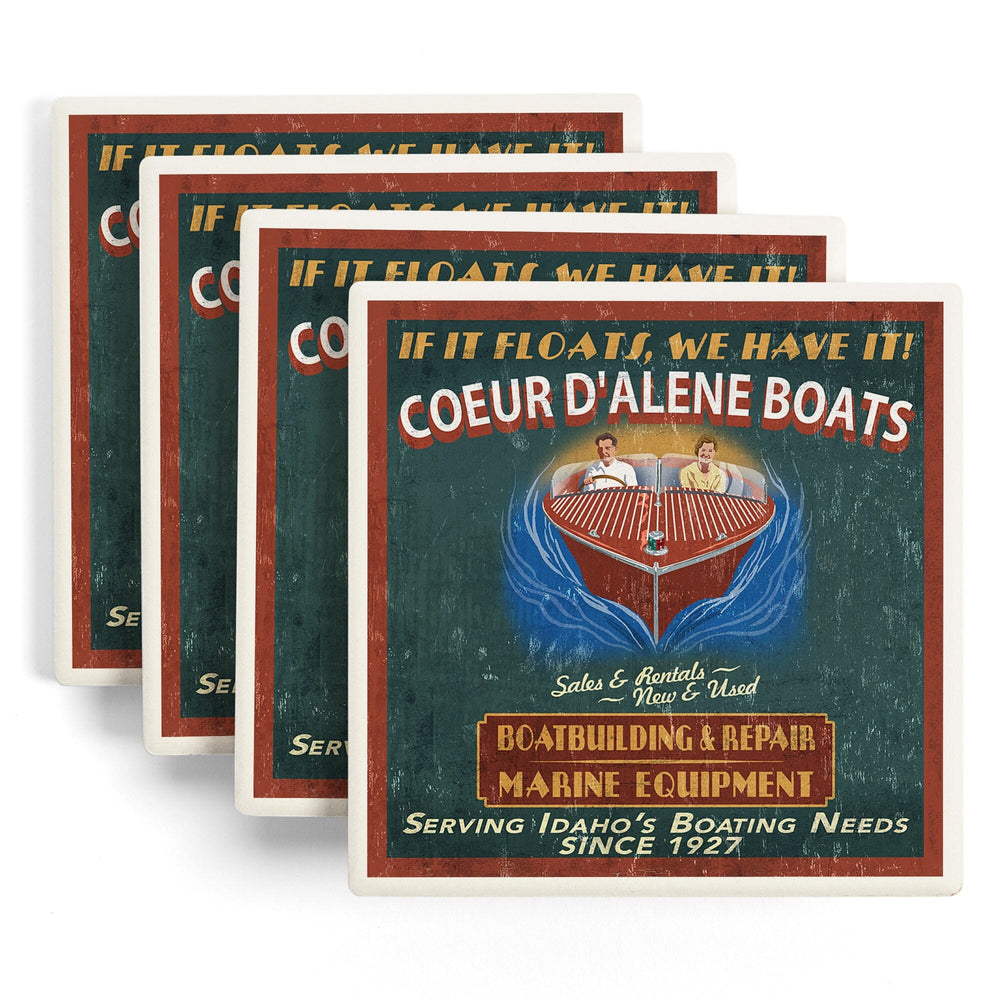 Coeur d'Alene, Idaho, Wooden Boats Vintage Sign, Coasters Coasters Lantern Press