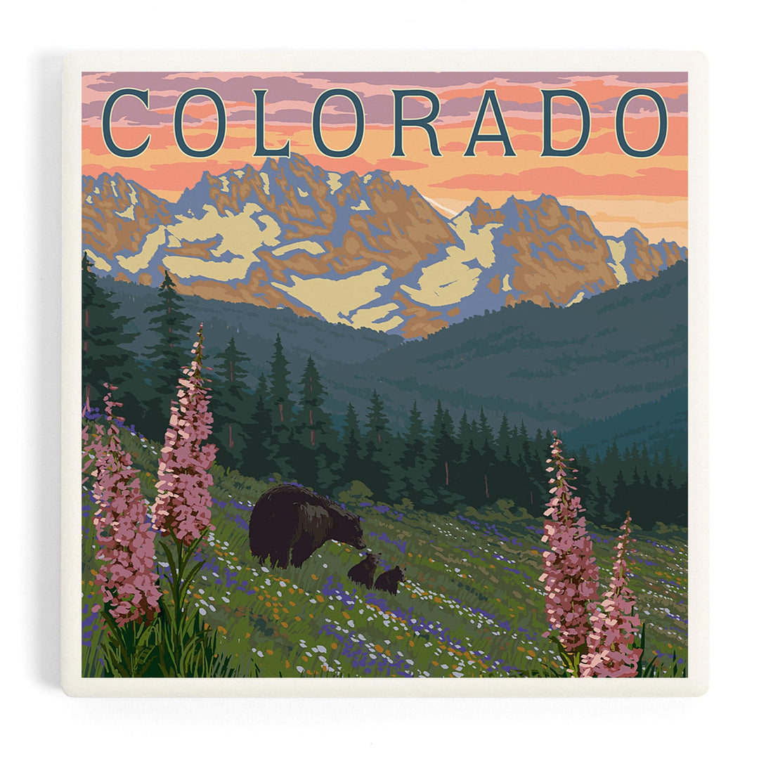 Colorado, Bears and Spring Flowers, Coasters Coasters Lantern Press